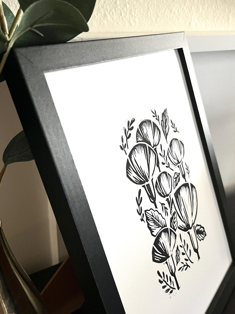 Floral Black and White Framed Linocut Flower Decor for Home Office Wall