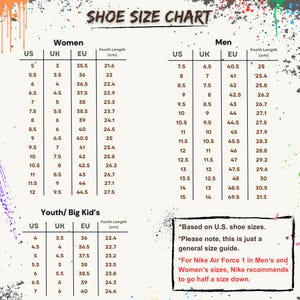 Puede incluir: Tabla de tallas de zapatos para mujeres, hombres y j&oacute;venes/ni&ntilde;os grandes, con tallas de EE. UU., Reino Unido y UE, y longitud del pie en cm. Incluye una nota sobre las tallas de Nike Air Force 1.