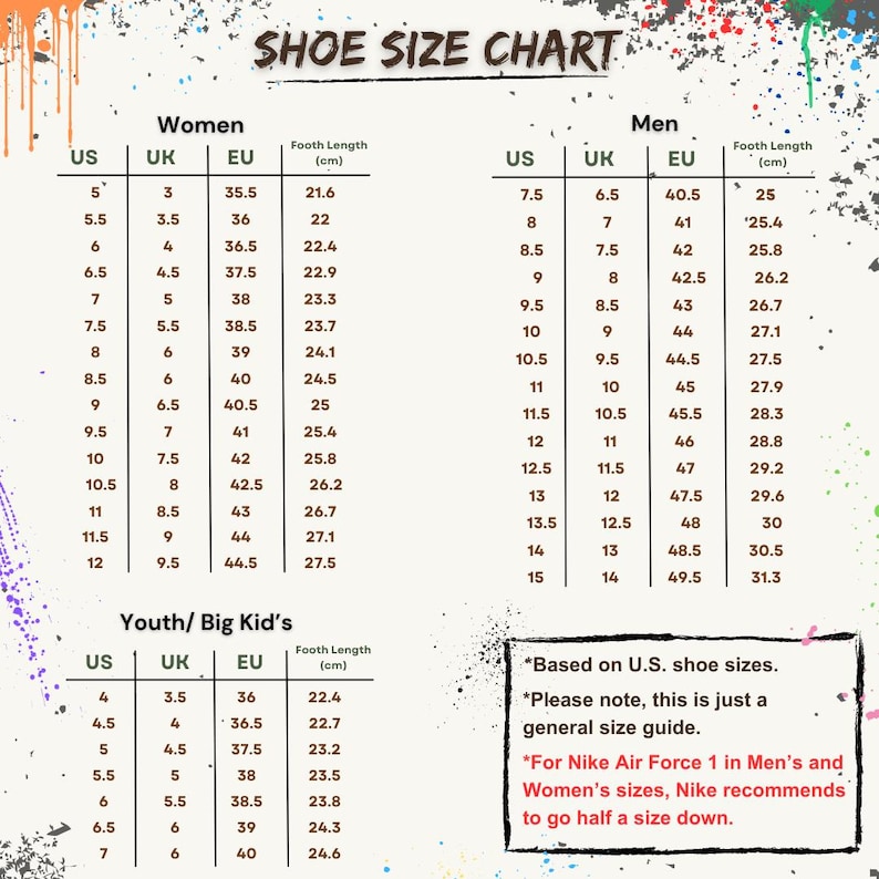 Puede incluir: Tabla de tallas de zapatos para mujeres, hombres y j&oacute;venes/ni&ntilde;os grandes, con tallas de EE. UU., Reino Unido y UE, y longitud del pie en cm. Incluye una nota sobre las tallas de Nike Air Force 1.