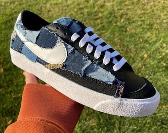 Nike Blazer Low - Denim Patchwork Customized Sneakers - Size 5Y / 6.5W