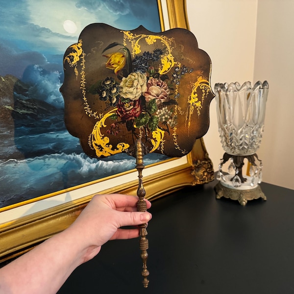 Antique Victorian Papier Mâché Face Screen | Hand Painted Floral & Gilt Fireplace Screen | 19th Century