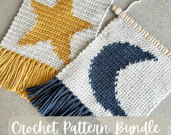 PATTERN BUNDLE-Mini Moon and Mini Star Wall Hanging Crochet Patterns-Digital Downloads-Moon and Star Crochet Tapestry Pattern Set
