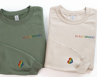 Custom Embroidered Rainbow Roman Numeral Sweatshirt, LGBT Couple Shirt Sleeve Initial, Anniversary Year, Personalized Date Gift, Pride Month
