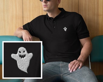 Camicia di Halloween da uomo, camicia di faccia fantasma, maglietta fantasma divertente, polo di Halloween, spettrale raccapricciante Halloween Tee, camicia fantasma ricamata per lui