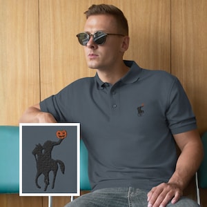 Headless Horseman Polo Shirt, Halloween Shirt for Men, Funny Halloween Polo Shirt for Him, Jack-O-Lantern Shirt, Halloween Party Tee Gift