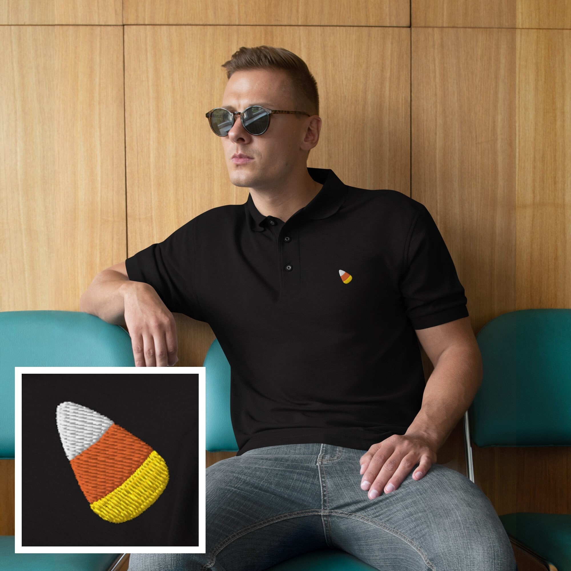 Candy Corn Shirt, Men's Halloween Shirt, Funny Halloween Shirt, Halloween Polo, Embroidered Halloween Shirt, Halloween Gift for Him