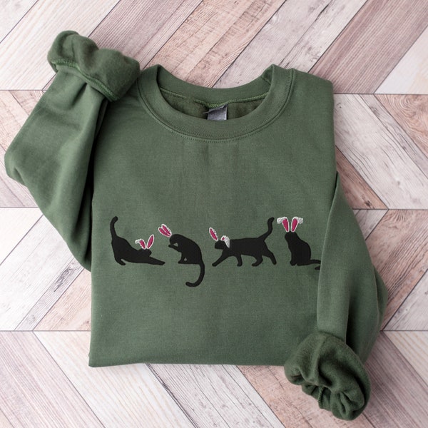 Easter Bunny Cat Sweatshirt, Embroidered Easter Crewneck, Easter Kitten Sweater, Cute Easter Shirt Gift, Cats Bunny Ears, Cat Lover Gift