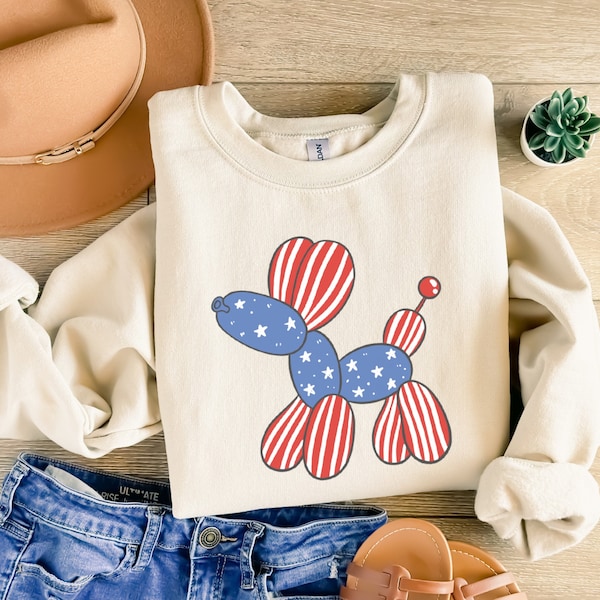 4th of July Balloon Dog Sweatshirt, Funny Fourth of July Shirt, Trendy Summer 2024 Shirt, Patriotic USA Shirt, Retro Vintage American Flag