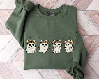 Halloween Sweatshirt, Cat Sweatshirt, Ghost Shirt, Black Cat Shirt, Spooky Season, Retro Halloween Cat Shirt, Cat Lover Halloween Sweater