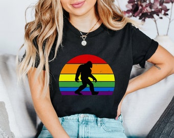 Retro Rainbow Bigfoot Shirt, Sunset Sasquatch T-Shirt, Bigfoot Lover Shirt, Bigfoot Gay Pride Shirt, LGBT Bigfoot Pride Month Shirt