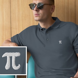 May include: A dark blue polo shirt with a white embroidered pi symbol on the right chest.
