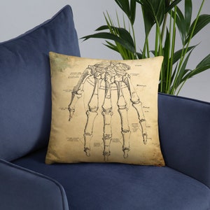Vintage Skeleton Hand Bones Pillow, Anatomical Skeleton Halloween Decor, Creepy Spooky Home Decor, Skeleton Doctor Anatomy Gift Decor