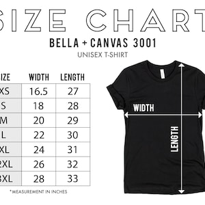 K&ouml;nnte beinhalten: Gr&ouml;&szlig;entabelle f&uuml;r Bella + Canvas 3001 Unisex-T-Shirts. Die Tabelle zeigt die Breite und L&auml;nge in Zoll f&uuml;r die Gr&ouml;&szlig;en XS bis 3XL.