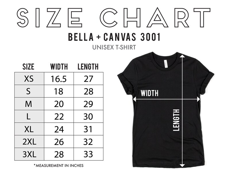 K&ouml;nnte beinhalten: Gr&ouml;&szlig;entabelle f&uuml;r Bella + Canvas 3001 Unisex-T-Shirts. Die Tabelle zeigt die Breite und L&auml;nge in Zoll f&uuml;r die Gr&ouml;&szlig;en XS bis 3XL.
