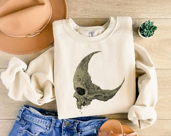 Sudadera Skull Moon, sudadera de Halloween, suéter espeluznante de Halloween, camisa de esqueleto espeluznante, gráfico de calavera vintage, ropa emo gótica