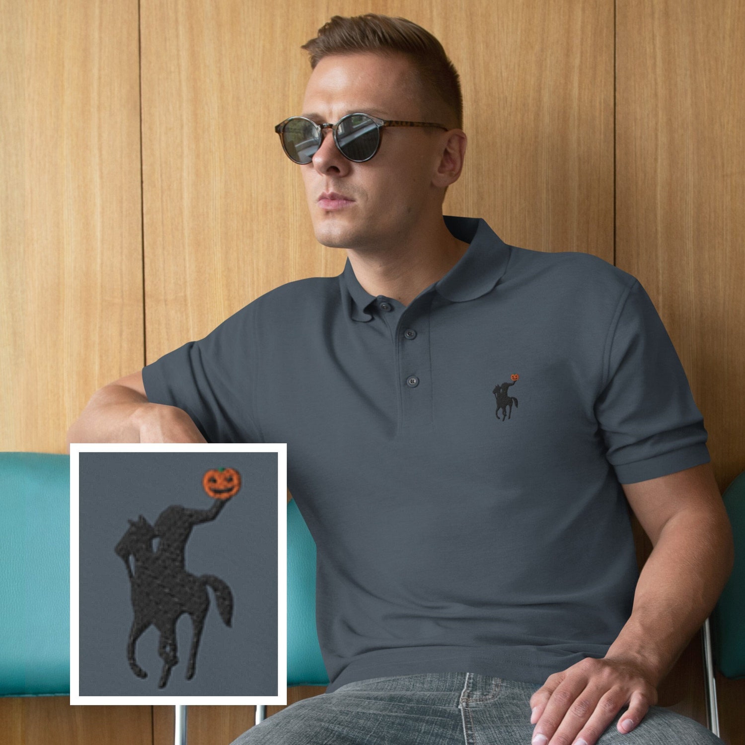 Headless Horseman Polo Shirt, Halloween Shirt for Men, Funny Halloween Polo Shirt for Him, Jack-O-Lantern Shirt, Halloween Party Tee Gift