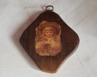 Vintage Wall Art Wood Frame with little girl holding flowers