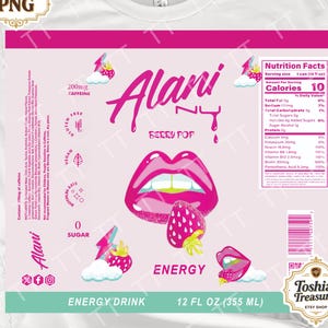 May include: A white t-shirt with a pink and teal graphic design for an energy drink. The design includes the text "Alani Nu Berry Pop", a pair of pink lips, and a strawberry. The label also includes nutrition facts.