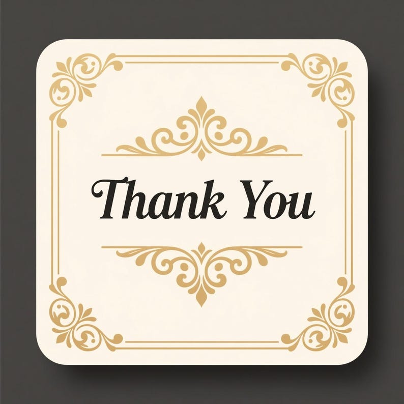 May include: A cream-coloured square card with the words "Thank You" in black script. The card has gold decorative flourishes in the corners and along the top and bottom edges, set against a dark grey background.