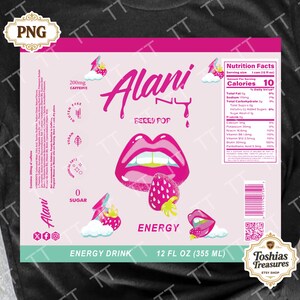 May include: A pink and white energy drink label with the text "Alani NY Berry Pop." The label features a graphic of pink lips, a strawberry, and the words "Energy Drink." It contains 355 ml.