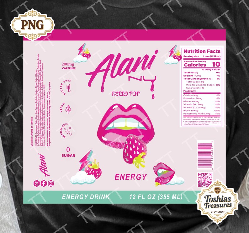 May include: A pink and white energy drink label with the text "Alani NY Berry Pop." The label features a graphic of pink lips, a strawberry, and the words "Energy Drink." It contains 355 ml.