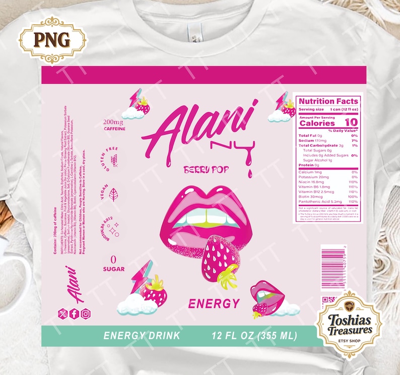 May include: A white t-shirt with a pink and teal graphic design for an energy drink. The design includes the text "Alani Nu Berry Pop", a pair of pink lips, and a strawberry. The label also includes nutrition facts.