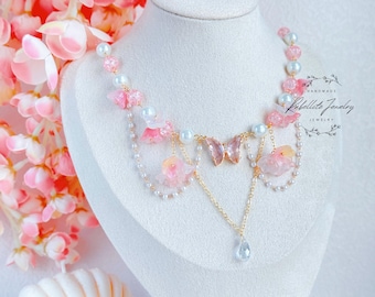 Pink Crystal Butterfly Necklace, Fairycore Blossom Choker,Fairy Garden Necklace, Bride Jewelry, Cottagecore Jewelry, Princesscore, Whimsical