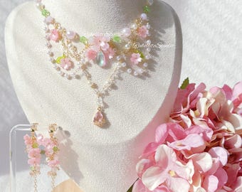 Cherry Blossom Jewelry Set, Pink Sakura Necklace, Floral Drop Earrings, Dreamy Bridal Jewellery Set, Botanical Wedding Jewelry, Gift for her