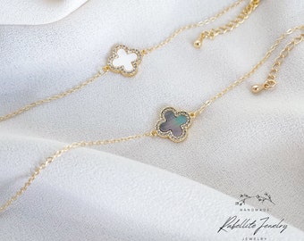 Mother-of-Pearl Clover Charm Bracelet, Dainty Gold Chain, Mother's Day Gift