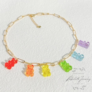Miniature Gummy Bear Chain Necklace | Teddy Bear Charm Necklace | Rainbow Charm Necklace | Playful Candy Charm Necklace | Birthday Gift