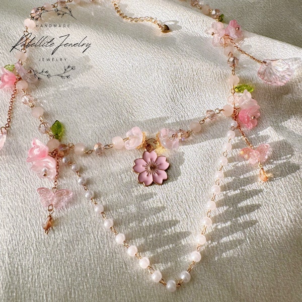 Sakura Necklace, Cherry Blossom Necklace, Pink Flower Necklace, Pink Necklace, Fairy Garden, Fairycore, Beaded Necklace, Unique Jewelry