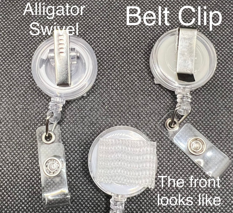 May include: Three clear plastic retractable badge holders with different attachments. The first has a metal alligator clip, the second has a metal belt clip, and the third has a clear plastic hook and loop fastener.