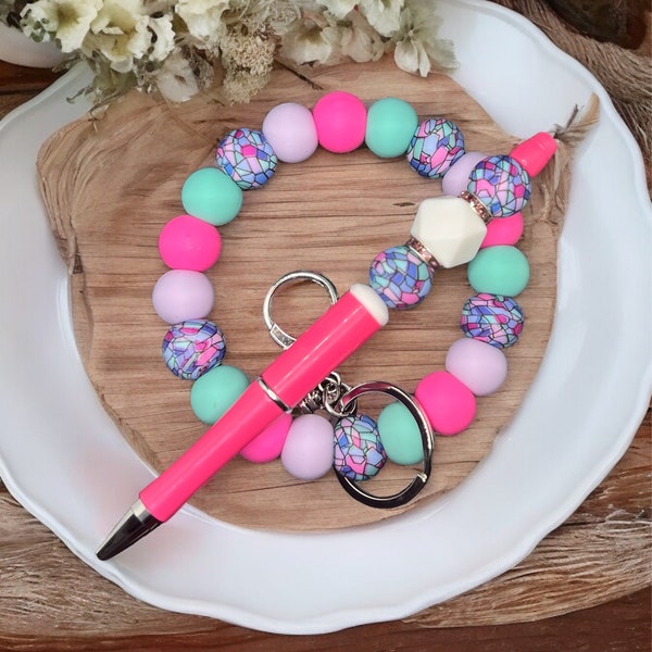 Stained Glass Silicone Bead Wristlet & Pen Set