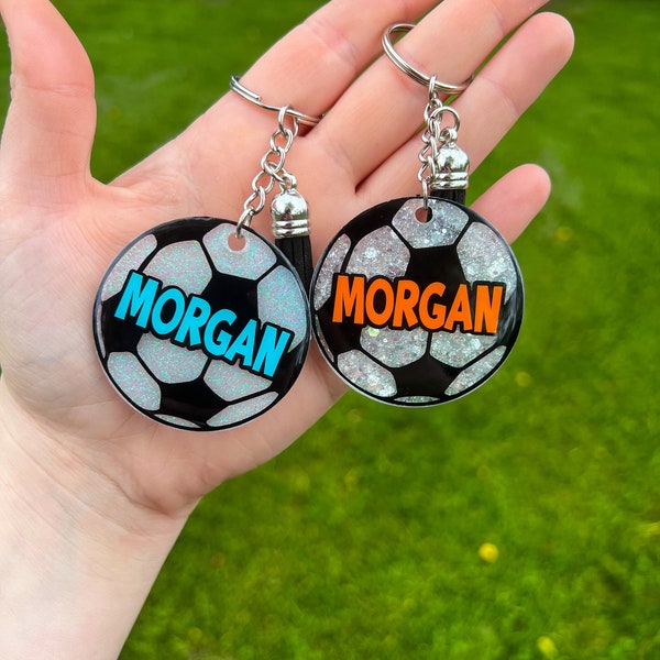Custom Soccer Name Keychain: Glitter Acrylic Bag Tag