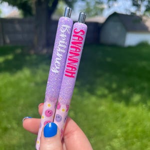Personalized Pink and Purple Happy Face Pen, Purple Glitter Pen, Happy Face Pen, Injoy Pen Gift, Gel Pen, Cute Sparkle Pen Gift