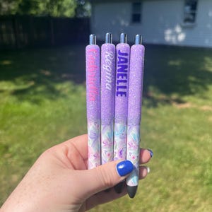 Personalized Floral Pen, Purple Glitter Pen, Purple Bow Pen, Injoy Pen Gift, Gel Pen, Pink and Purple Flower Pen, Cute Sparkle Pen Gift