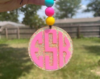 Monogram Car Charm with Beads, Rear View Mirror Car Accessory, Custom Car Charm, Personalized Car Charm