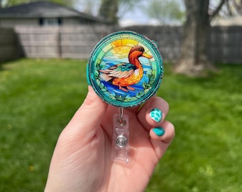 Portatarjetas retráctil de vitral con diseño de pato ánade real, portatarjetas con purpurina turquesa, portatarjetas de identificación retráctil