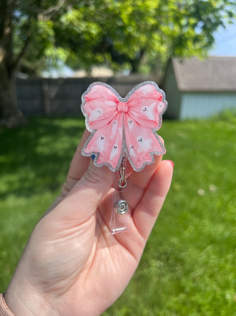 Pink Ghost Bow Interchangeable Badge Reel image 1