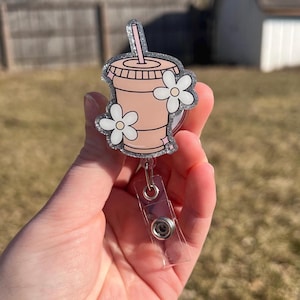 Iced Coffee Badge Reel, Coffee Cup with Flowers Interchangeable badge reels, Coffee Lover Badge Reel
