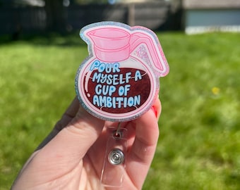 Cup of Ambition verwisselbare badgehaspel, pot koffie, vintage koffieliefhebber intrekbare ID-clip, schattig werkbadgeaccessoire