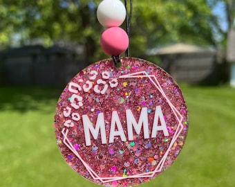 MAMA with Cheetah Print, Car Charm with Beads, Rear View Mirror Car Accessory, Custom Car Charms