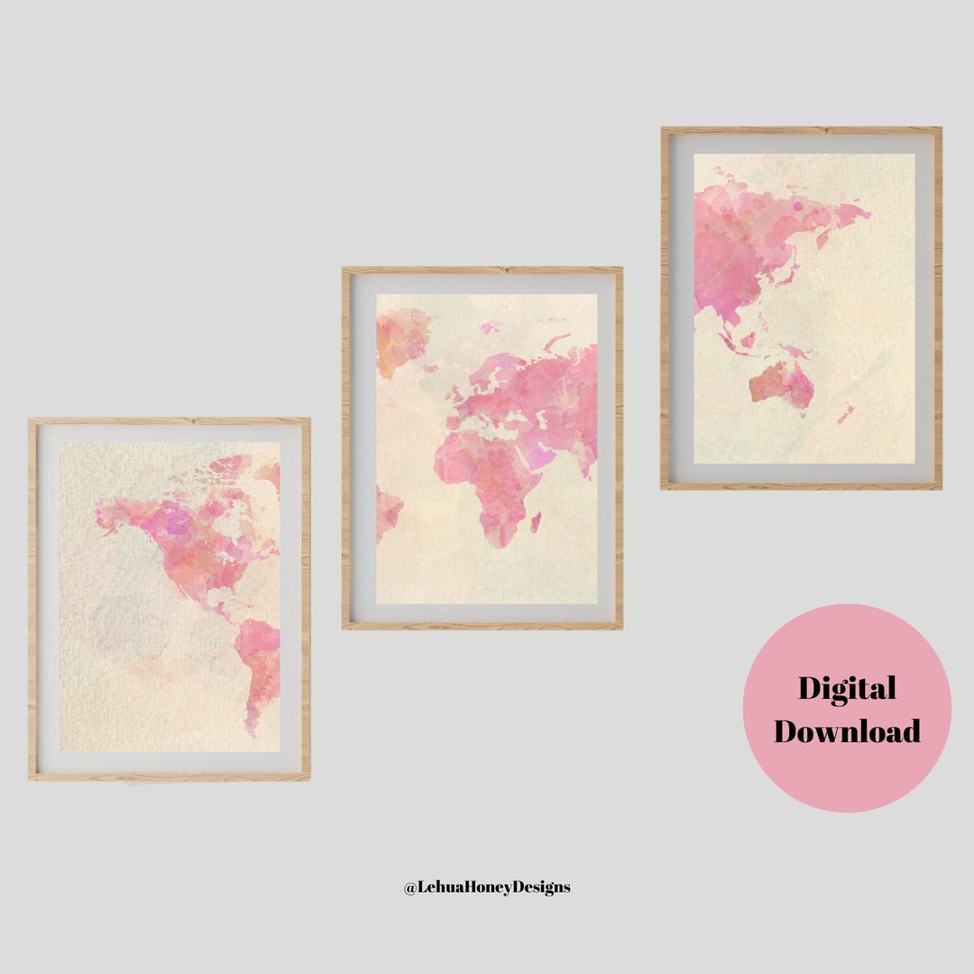 World Map Cute Watercolor Printable Wall Art Set of 3 - Etsy