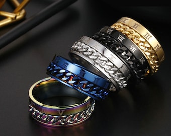 Rotating Fidget Roman rings, Titanium Stainless Steel Chain Finger Ring, For Men and Women, Roman Numbers