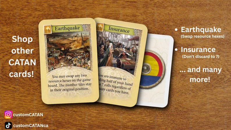 May include: Three rectangular game cards with cream-colored borders. The first card is titled Earthquake, the second Insurance, and the third features a circular shield with red, yellow, and blue stripes. Text on the cards explains game rules.