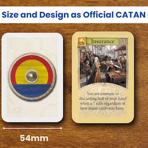 May include: Two rectangular game cards measuring 80mm by 54mm. One card features a circular shield with red, yellow, and blue bands. The other card is titled Insurance, depicting a market scene and text stating immunity to discarding half of your hand.