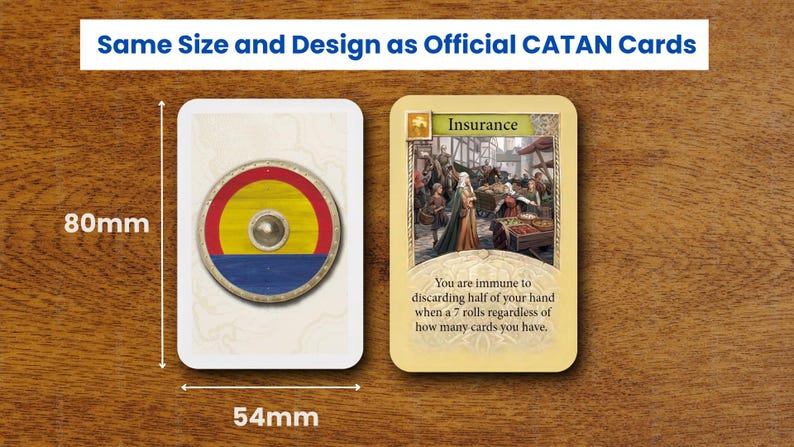 May include: Two rectangular game cards measuring 80mm by 54mm. One card features a circular shield with red, yellow, and blue bands. The other card is titled Insurance, depicting a market scene and text stating immunity to discarding half of your hand.