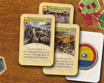 Paquete de expansión CATAN: Seguro, Terremoto y Vecinos. Tarjetas de desarrollo personalizadas. Regalo.