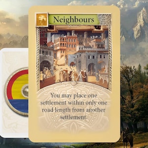 May include: A card from a board game featuring an illustration of a medieval town with the word "Neighbours" at the top. The card includes text about settlement placement. A second card and a shield are also visible.