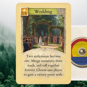 May include: A game card with the word "Wedding" at the top. The image shows a wedding ceremony under an archway. A second card with a shield design is partially visible. The background is a forest.